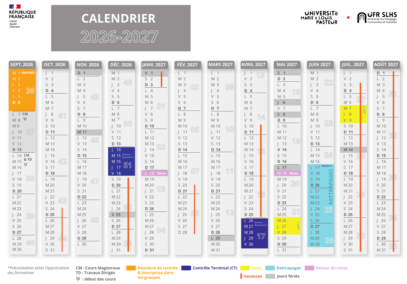 Calendrier universitaire 2026-2027